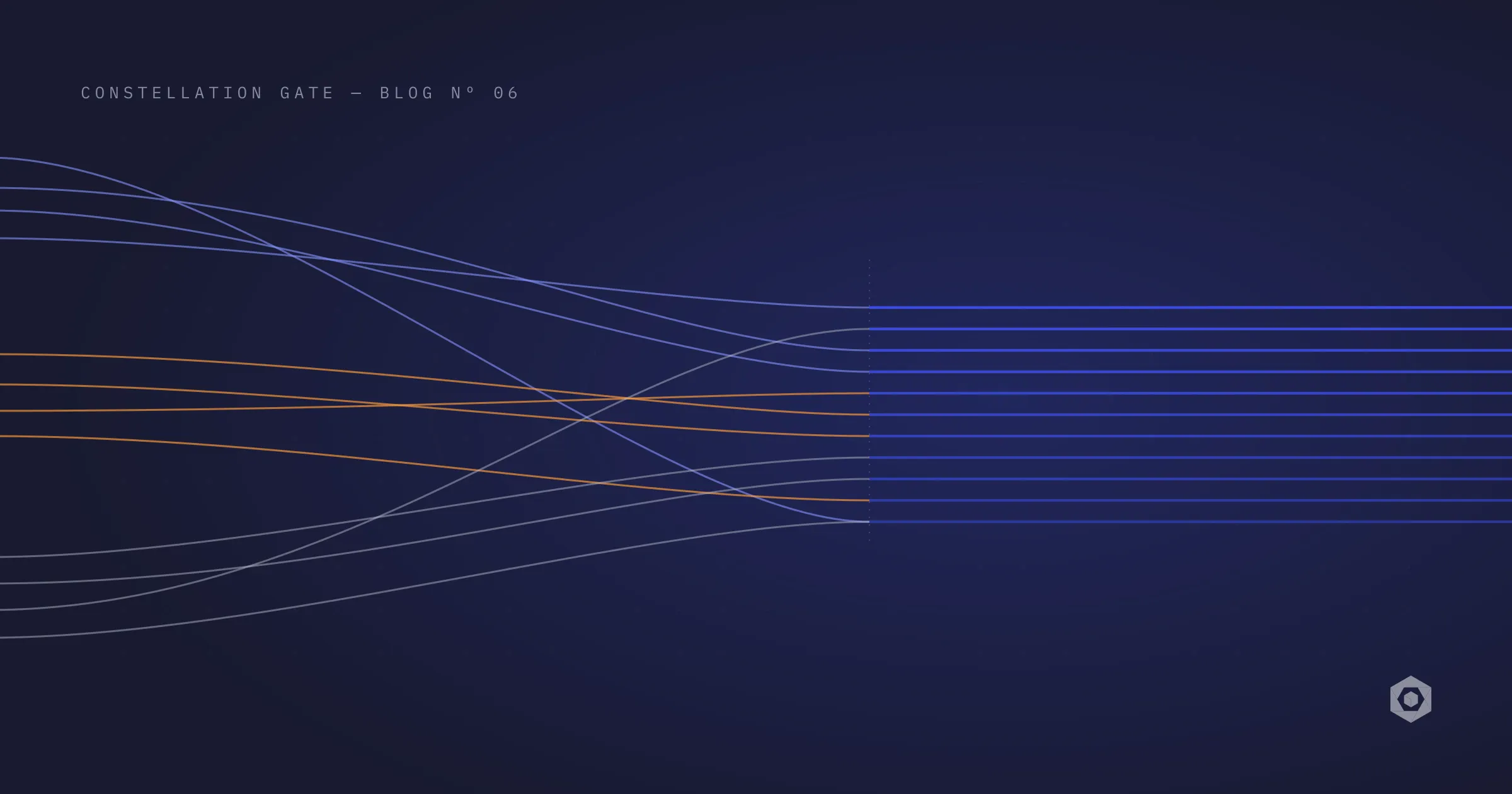 Three sets of curved strands, indigo, amber and grey, enter from the left at three different heights, cross and braid together, then leave to the right as eleven evenly spaced parallel indigo lines on a dark blue ground.